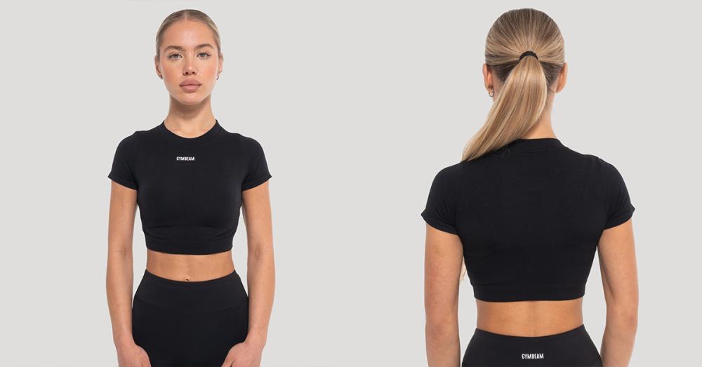 Ženski kratki top Flow Black - GymBeam