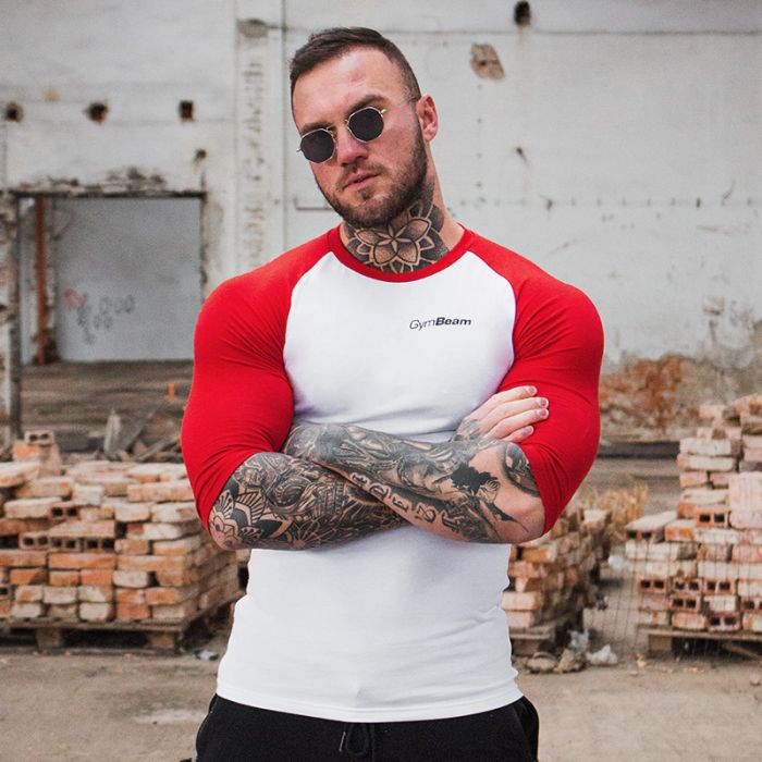 Majica Fitted Sleeve White Red - GymBeam