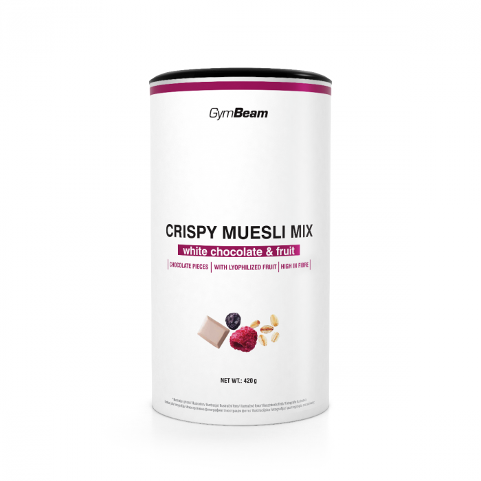 Crispy Muesli Mix - GymBeam 420 g - bela čokolada - sadje